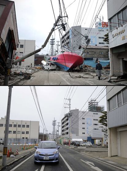 Este barco pesquero acabó en una calle de la localidad de Ishonomaki, tras el tsunami del 11 de marzo de 2011. La calle ha recuperado la normalidad, casi un año después.