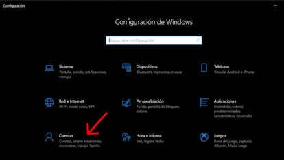 Acceso al menú de cuentas dentro de Windows 10.