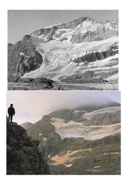 Glaciar del Monte Perdido (Huesca), en 1910 y 2004. Son fotos recopiladas por Greenpeace.