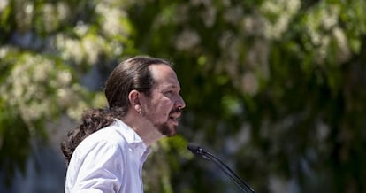 Pablo Iglesias durante un acto de campaña en Móstoles, el pasado 2 de mayo.