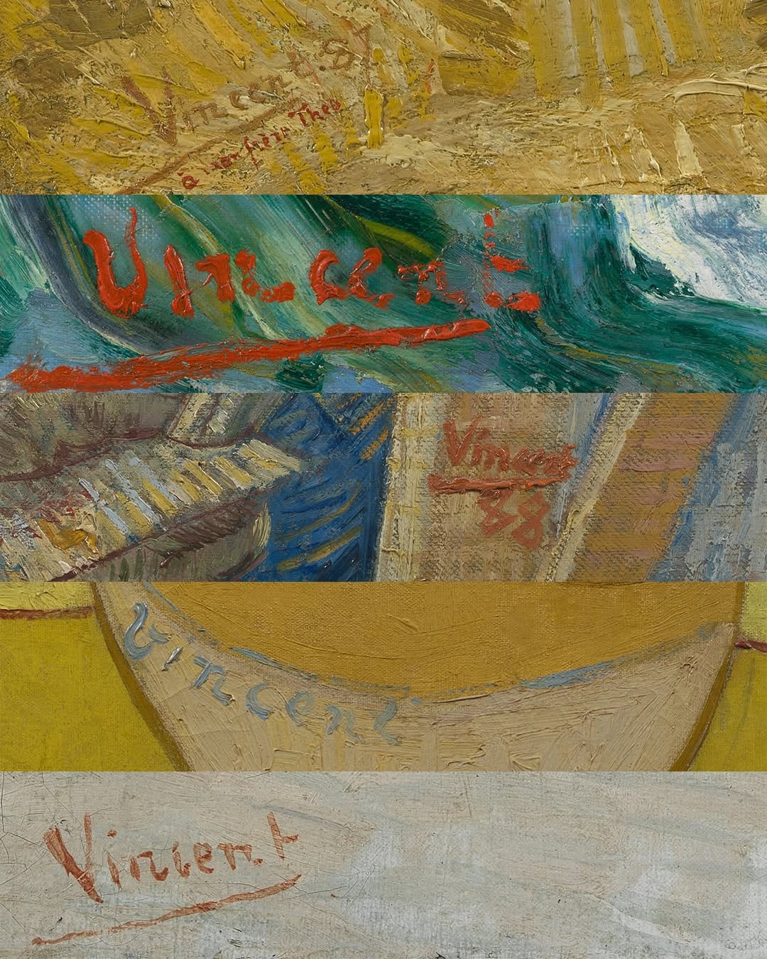 Composición con detalles de distintas obras de Vincent van Gogh en los que se aprecia su firma como “Vincent”.