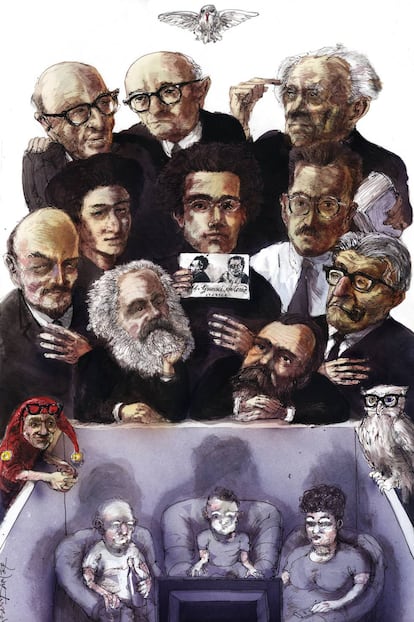 'Teoría crítica', obra de Rainer Ehrt en la que aparecen caricaturas de miembros de la Escuela de Fráncfort. De arriba abajo y de izquierda a derecha, Horkheimer, Adorno, Marcuse, Lenin, Luxemburgo, Gramsci, Benjamin, Marx, Engels y Bloch. 