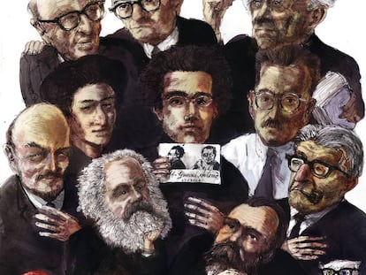 'Teoría crítica', obra de Rainer Ehrt en la que aparecen caricaturas de miembros de la Escuela de Fráncfort. De arriba abajo y de izquierda a derecha, Horkheimer, Adorno, Marcuse, Lenin, Luxemburgo, Gramsci, Benjamin, Marx, Engels y Bloch. 