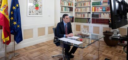 El presidente del Gobierno, Pedro Sánchez, esta tarde durante la cumbre celebrada por videoconferencia.