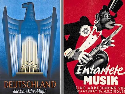 Cartel de 1938 que identifica a Alemania como "país de la música". A la derecha, cartel de la exposición <i>Música degenerada.</i>