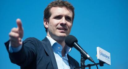 El presidente nacional del PP, Pablo Casado, este domingo en Málaga.