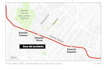 Mapa del tramo elevado de la Línea 12 del metro de Ciudad de México.