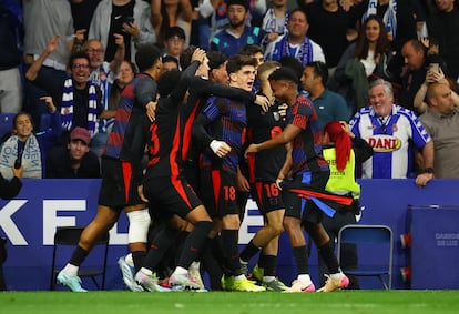 Fermín López celebra el segundo gol del equipo culé.