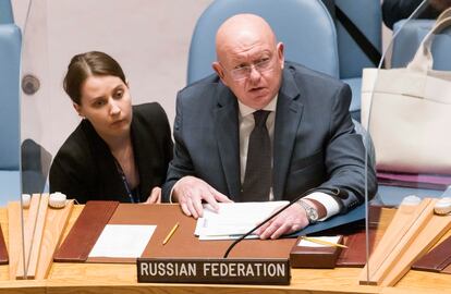 El embajador ruso ante la ONU, Vasili Nebenzia, en una reunión del Consejo de Seguridad sobre la central de Zaporiyia el día 23.