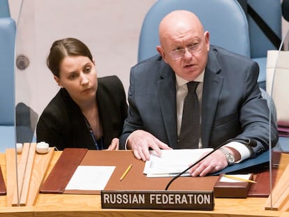 El embajador ruso ante la ONU, Vasili Nebenzia, en una reunión del Consejo de Seguridad sobre la central de Zaporiyia el día 23.