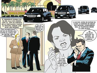 Viñeta de <i>El informe 11-S,</i> de Jacobson y Colon (Panini), basado en el Informe de la Comisión Nacional de Ataques.
