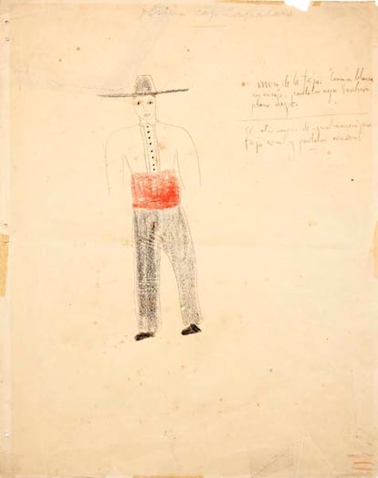 Los dibujos de Federico García Lorca para "La Zapatera Prodigiosa" (1930) a subasta. Inscripción del autor:  "Mozo de la faja. Camisa blanca con encaje. Pantalón negro. Sombreo plano negro. El otro mozo de igual manera pero faja azul y pantalón marrón".