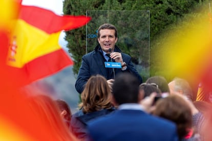 El presidente del PP y candidato a la Presidencia del Gobierno, Pablo Casado, durante su participación en un acto público en Toledo, el 21 de abril de 2019, el domingo anterior a las elecciones.