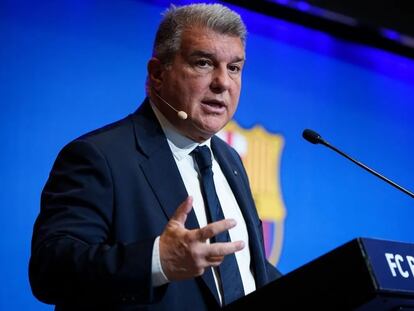 El presidente del FC Barcelona, Joan Laporta, en la rueda de prensa de este jueves.