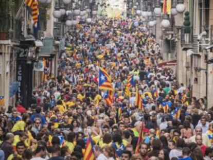 La cadena humana formada en la Diada de 2013, a su paso por la calle Ferran de Barcelona.