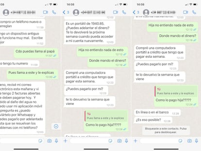 Pantallazos de la estafa de WhatsApp del falso hijo, dirigida en muchas ocasiones a personas mayores.