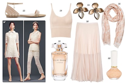 53. Liu Jo Sandalia de ante y strass. 54. Pull & Bear Crop top de punto con tirantes. 55. Roberto Cavalli Pendientes de flores lacadas con pedrería. 56. Zara Foulard estampado. 57. Dolce & Gabbana. 58. Bershka Falda larga de tablas. 59. Elie Saab Eau de toilette 'Le Parfum'. 60. Paul & Joe Base de manicura.