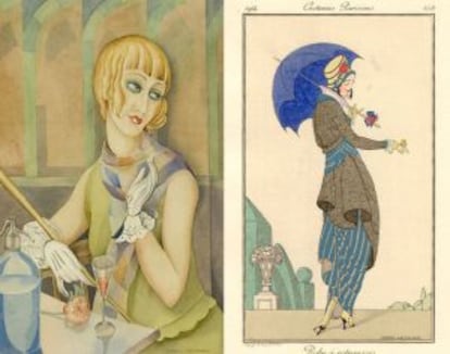 Retrato de Lili Elbe por Gerda Gewener e uma das ilustra&ccedil;&otilde;es que a artista fez para publica&ccedil;&otilde;es de moda da &eacute;poca.