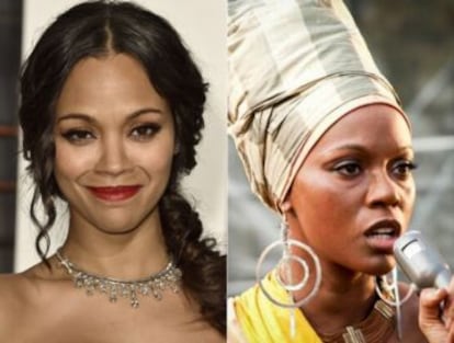 Zoe Saldana, ao natural, à esquerda, e caracterizada como Simone, à direita.