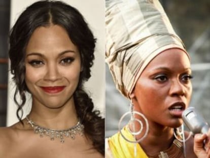 Zoe Saldana, ao natural, &agrave; esquerda, e caracterizada como Simone, &agrave; direita.