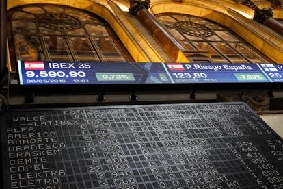 Panel con las cotizaciones en la Bolsa de Madrid