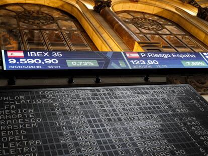 Panel con las cotizaciones en la Bolsa de Madrid