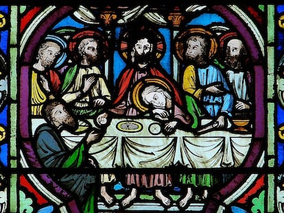 Detalle de 'La última cena', vitral neogótico de la catedral de Meaux, en Francia.