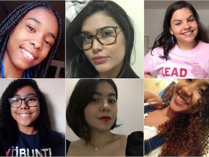 Em cima, da esquerda para a direita, as estudantes Kauani Beatriz, Camilly Lopes Maia e Catarina Parente. Em baixo, Kayllane Victoria da Silva, Alice Ramoa e Layane Souza.