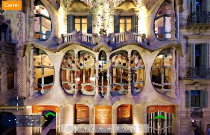 La Casa Batlló (Barcelona), una de las construcciones cumbre del modernista Antonio Gaudí, es una fantasía retorcidamente deliciosa. Sus formas curvas y sus recovecos dan para horas de observación y disfrute, cosa que podemos hacer <a href="https://www.casabatllo.es/tour-virtual/">a través de su representación virtual</a>: desde 16 puntos de vista diferentes avanzaremos por sus sinuosas estancias, nos acercaremos a sus coloridas vidrieras y nos recrearemos en todos los detalles de este inimitable edificio.