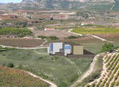 Recreació infográfica del edificio central del parque temático del vino en Labastida.