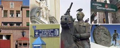 De izquierda a derecha y de arriba abajo: escudo preconstitucional en una comisaría de Madrid; el símbolo de Falange en la barriada Girón de Málaga; escudo preconstitucional en la sede del Ministerio de Hacienda; estatua de Franco en Santander; cartel que anuncia la avenida del Generalísimo en San Vicente de la Barquera (Cantabria) y monumento a la peseta en Estepona (Málaga).
1. <i>Las Administraciones públicas, en el ejercicio de sus competencias, tomarán las medidas oportunas para la retirada de escudos, insignias, placas y otros objetos o menciones conmemorativas de exaltación, personal o colectiva, de la sublevación militar, de la Guerra Civil y de la represión de la dictadura. Entre estas medidas podrá incluirse la retirada de subvenciones o ayudas públicas. Lo previsto en el párrafo anterior no será de aplicación cuando las menciones sean de estricto recuerdo privado sin exaltación de los enfrentados o cuando concurran razones artísticas y arquitectónicas protegidas por la ley.
</i>3. <i>Las Administraciones Públicas podrán retirar subvenciones o ayudas a los propietarios privados que no actúen del modo previsto en el apartado 1 de este artículo. "Las Administraciones públicas, en el ejercicio de sus competencias, tomarán las medidas oportunas para la retirada de escudos, insignias, placas y otros objetos o menciones conmemorativas a la exaltación de la sublevación militar, de la Guerra Civil y de la represión de la dictadura".</i>