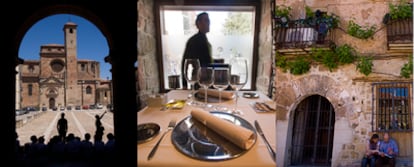 Vista de la catedral desde la plaza Mayor,  el comedor del restaurante El Doncel y la plazuela de la Cárcel Real de Sigüenza.