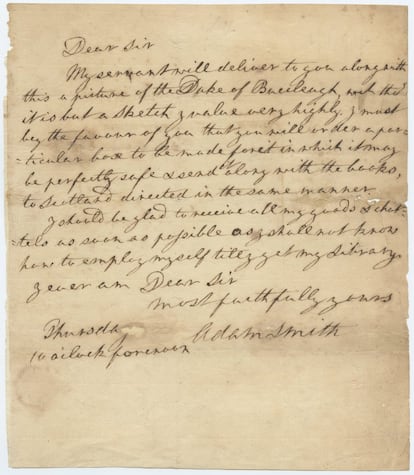 Após anos de viagem pela Europa, o economista escocês Adam Smith voltou a Glasgow e pediu, neste documento, que lhe trouxessem seus objetos “mais apreciados”: os livros que tinha acumulado nas jornadas. “Não sei o que fazer sem essa biblioteca.”