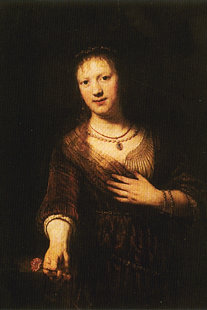 'Saskia con una flor roja' (1641).
La primera esposa de Rembrandt fue modelo de muchos de sus cuadros entre 1632 y 1642, la etapa más dulce en la vida personal del pintor. Aquí aparece consumida ya por la tuberculosis que la mataría.