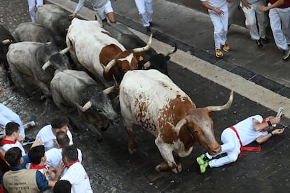 Uno mozo cae al paso de los toros de la ganadería de José Escolar en el sexto encierro de los Sanfermines.