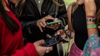 Un grupo de chicas jóvenes utilizan sus teléfonos móviles.