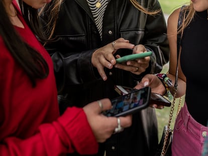 Un grupo de jóvenes charlan mientras observan sus móviles en un parque de Las Rozas de Madrid.