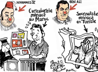 La viñeta <i>Maroc-Tunisie</i> establece un paralelismo entre Mohamed VI y el presidente de Túnez, Ben Ali, que acaba de ordenar la expulsión del país de una periodista de <i>Le Monde</i>.