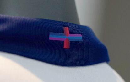 A view of Nike's designed St George's Cross on the back of the collar of the new England shirt at St. George's Park, Burton upon Trent, England, March 22, 2024.