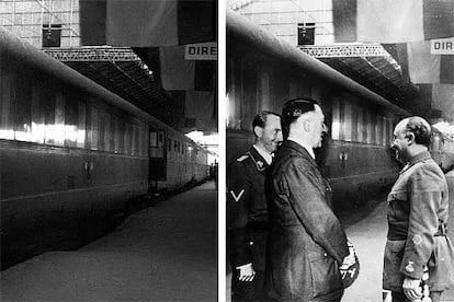 A la izquierda, Franco fotografiado con los ojos cerrados junto a Hitler; a la derecha, la fotografía difundida con otra imagen de Franco.