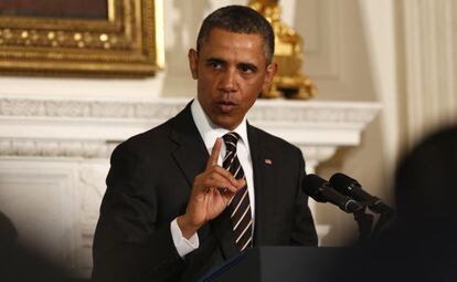 Barack Obama, durante su discurso esta mañana ante la Asociación Nacional de Gobernadores en la Casa Blanca.