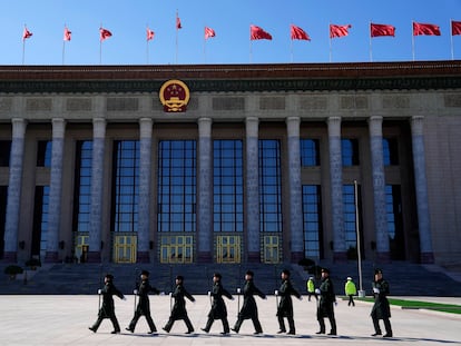 Chinese soldiers paraded in front of the Great Hall of the People in Beijing on Saturday.