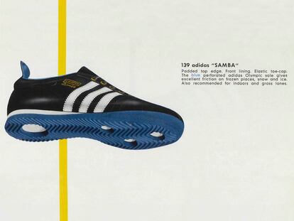 Campaña de Adidas Samba de 1962. Fue lanzada para el mundial de Brasil de 1950, pero creada originalmente para jugar en los campos europeos; de ahí que el anuncio incidiera en las características de su suela para adaptarse a terrenos helados.