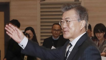 Moon Jae-in, l&iacute;der del Partido Democr&aacute;tico de Corea, este mi&eacute;rcoles en Se&uacute;l. 
  