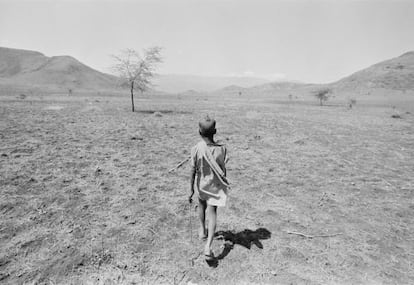 Noviembre de 1984. Un niño camina por los alrededores de Addis Abeba, capital de Etiopía, es busca de sustento.