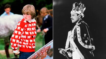 Diana de Gales con su jersey 'Black Sheep' y, a la derecha, Freddie Mercury con su icónica corona.