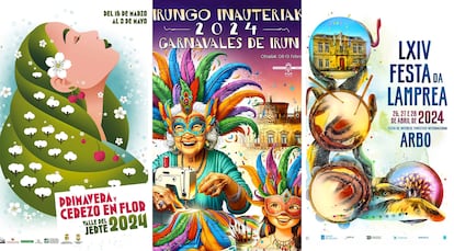 Tres de los carteles ganadores que el ilustrador murciano Rubén Lucas García ha presentado en 2024.