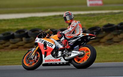 Repsol Honda rider Marc M&aacute;rquez of Spain looks back during the warm-up for the Australian Grand Prix MotoGP race at Phillip Island. 