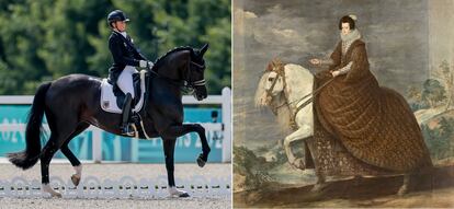 A la izquierda, Isabell Werth, jinete alemana, en una de las pruebas de las Olimpiadas. A la derecha, 'La reina Isabel de Borbón a caballo, de Velázquez. La semejanza entre estas dos estampas es de las más sencillas de hacer, pero hay que indagar en las capas de las representaciones ecuestres femeninas en la Historia del Arte para entender que cuando una mujer de la nobleza se subía a un caballo se equiparaba a un hombre en su demostración de poder.