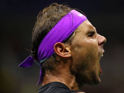 Nadal celebra un punto contra Cilic en Nueva York.